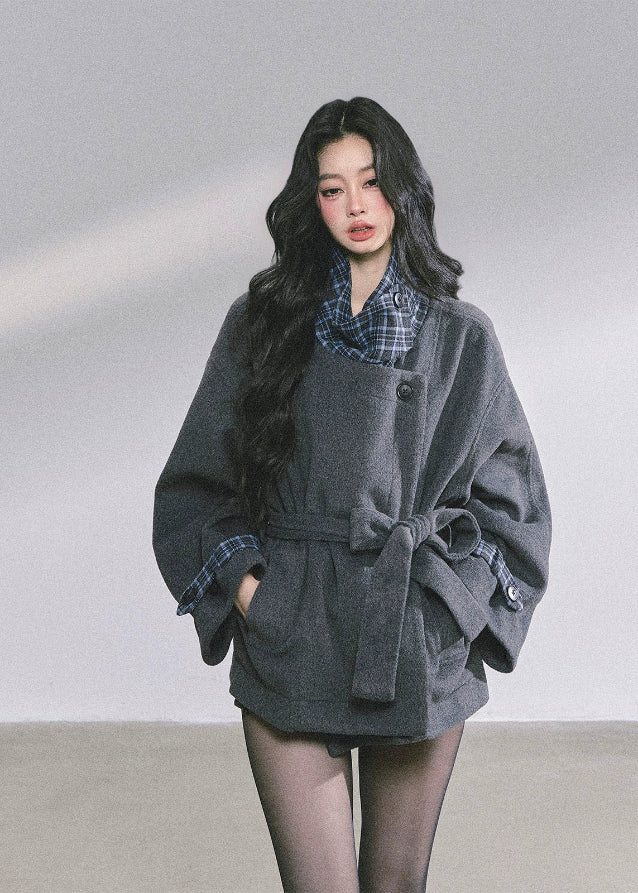 wool belted blazer, plaid collar wool coat, French tweed jacket women, Korean academia jacket, oversized wool top women, fall winter wool blazer, elegant wrap coat women, chic plaid lining jacket, boutique woolen outerwear, Korean fashion blazer, loose slimming wool coat, tweed overcoat women, autumn french style coat, high-end wool jacket women, 2025 fall fashion outerwear