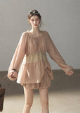 Blush lace waist blouse and skort two-piece set