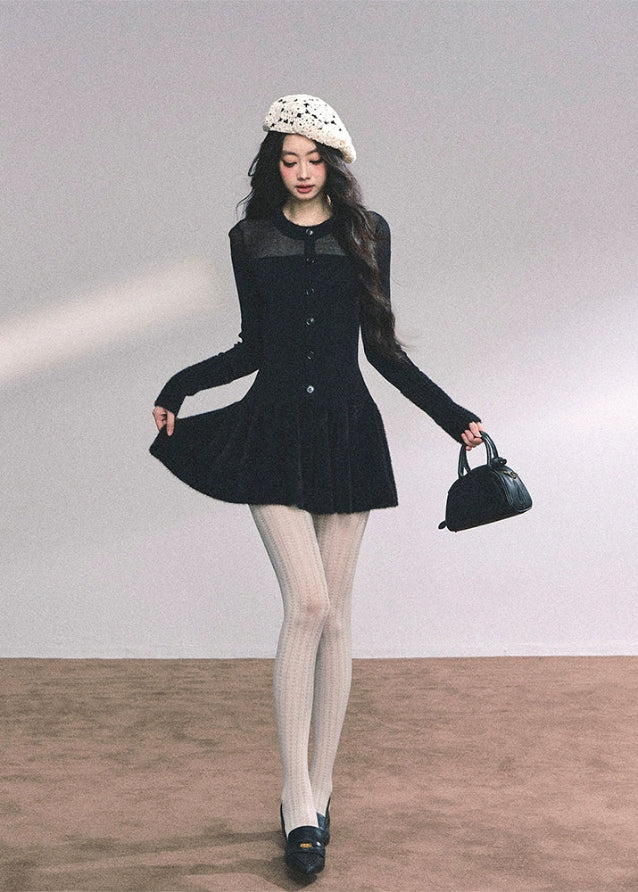 french knit dress women, sheer yoke sweater dress, autumn black knit mini, slimming waist knit dress, sexy knitted dress women, fw25 sweater dress, long sleeve knit skirt, noir knit mini dress, elegant french style dress