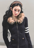 fur hood knit cardigan, black winter knit coat, twist sleeve knit top, hooded zip cardigan women, korean winter knit jacket, faux fur trim knitwear, long sleeve warm knit coat, fw25 street fashion knit, winter hooded sweater women