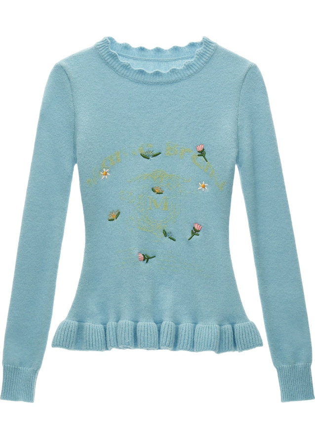 floral embroidered sweater women, slim knit crew neck top, fall 2025 knitwear women, embroidered flower pullover, soft street knit sweater, korean feminine knit top, long sleeve slim sweater women, romantic fall layering top, nowa tokyo cute knit style