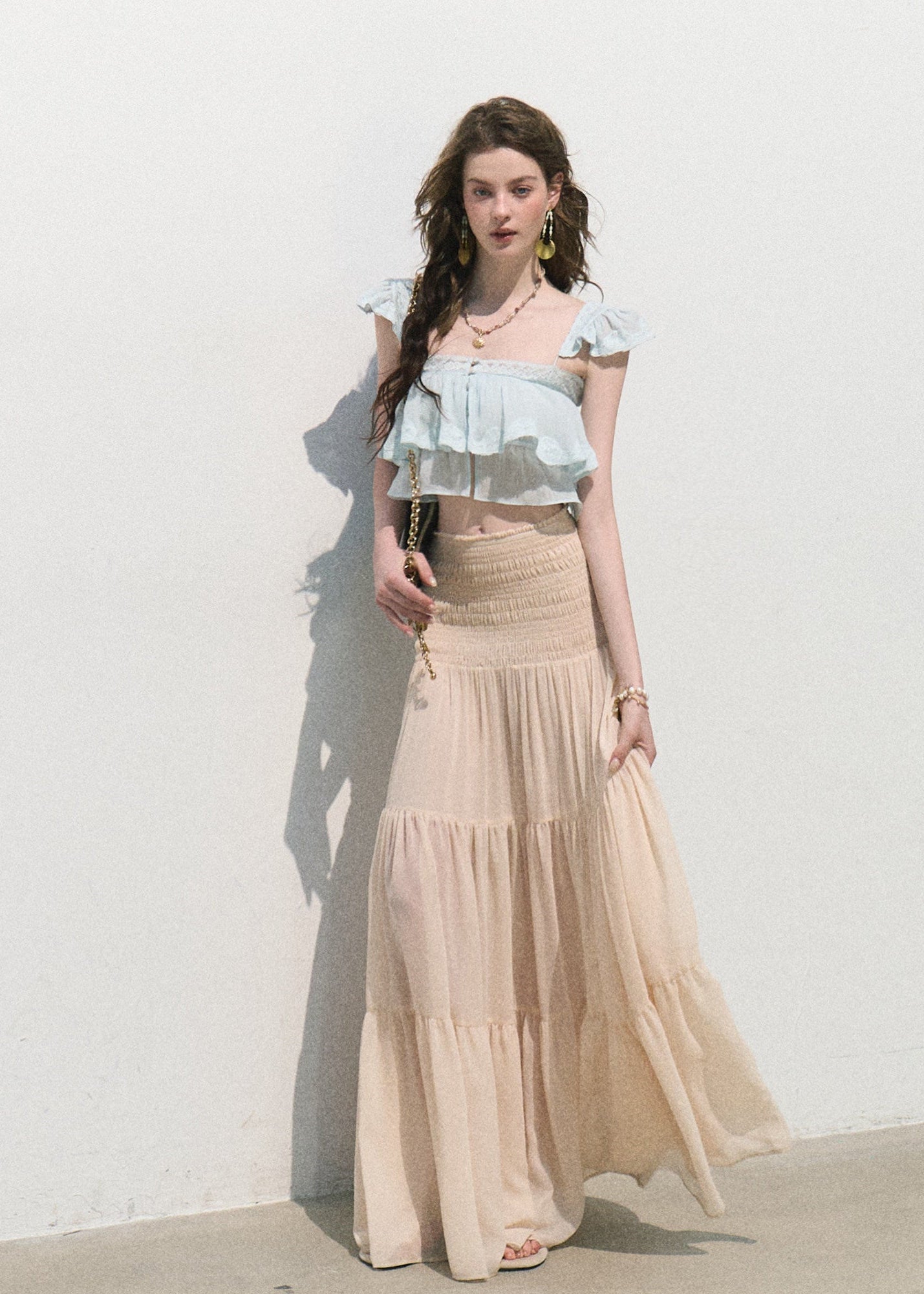 oakmoo top, lyocell resort top, ruffle cami top, lace trim summer top, feminine resort top, blush summer camisole, gentle summer top, vacation outfit top, romantic ruffle top, elegant strap top