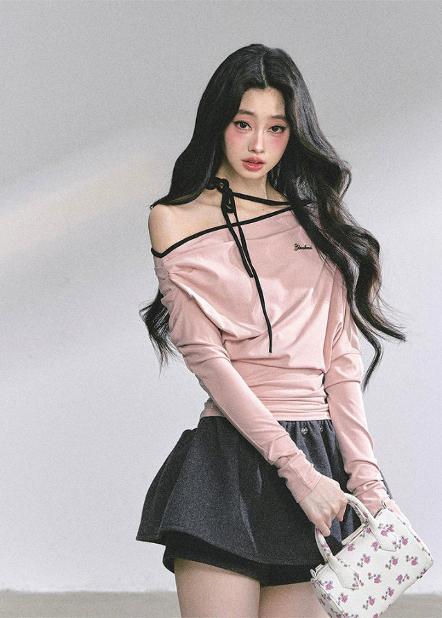 korean halterneck top, korean off shoulder top, hot girl pink top, korean streetwear women, autumn long sleeve halter shirt, korean slim fit t shirt, seoul fashion top, kfashion off shoulder shirt, pink halter knit top, korean style cute top, off shoulder long sleeve korean, hot girl fall outfit, ribbon neck korean top, slim waist korean tee, soft pink korean fashion