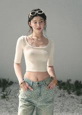 aomalm top, lace trim top, cropped summer top, feminine korean top, scoop neck fitted tee, slim fit cropped top, short sleeve lace top, korean fashion top, soft girl summer top, waist slimming top, white fitted summer tee, delicate everyday top