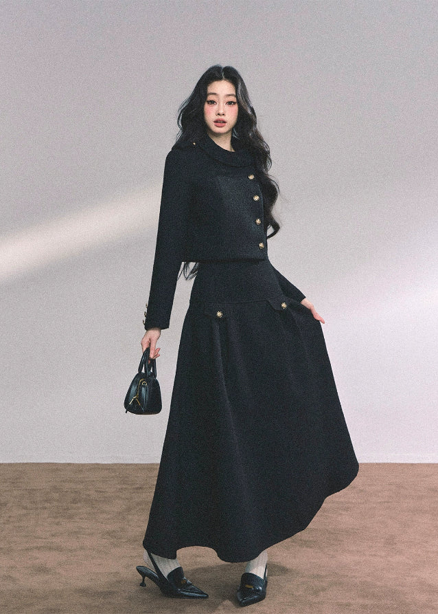 french two piece set women, miu style jacket set, noble lady outfit, autumn winter elegant set, kyoto rich daughter set, fw25 luxury two piece, black maxi skirt set, french cropped jacket outfit, elegant winter ensemble
