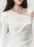 Fragileheart off-shoulder top, white lace blouse, asymmetric draped shirt, luxury Korean fashion, elegant feminine outfit, quiet luxury style, pastel noir aesthetic, winter 2025 collection, modern romantic fashion, ivory one-shoulder knit, soft lace trim top, minimalist luxury wear, Korean chic fashion, delicate off-shoulder blouse