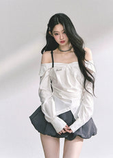 korean off shoulder long sleeve top, french drape blouse women, fake two piece asymmetrical top, korean autumn fashion top women, off shoulder plaid shirt top, elegant french style blouse, korean streetwear chic outfit, trendy korean top long sleeve, asymmetrical draped top women, hot girl fashion blouse korea, korean minimal chic outfit, seoul fashion top autumn, off shoulder slim fit shirt, korean preppy plaid shirt, london style korean top women