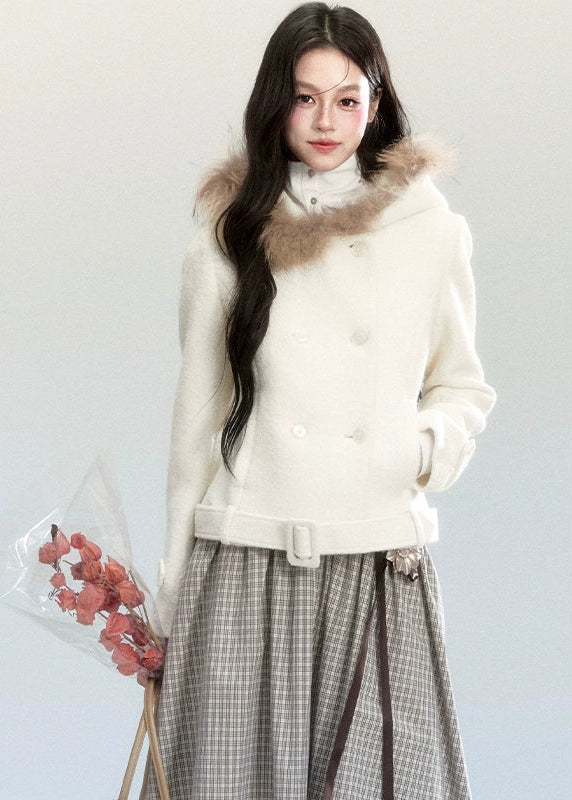 Fragileheart wool coat, cropped fur collar jacket, luxury Korean fashion, quiet luxury womenswear, beige tweed coat, pastel noir aesthetic, elegant winter outfit, short wool coat, K-fashion 2025, feminine outerwear, belted cropped jacket, modern Korean coat, soft winter fashion, sophisticated neutral outerwear