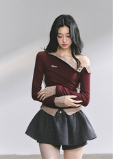 korean plaid off shoulder top, fake two piece asymmetrical shirt, korean streetwear women top, plaid accent long sleeve blouse, korean hot girl top, seoul style off shoulder outfit, korean preppy plaid top, korean fashion autumn top women, elegant french style knit top, plaid detail slim waist shirt, trendy korean outfit fall, british prep streetwear women, checkered long sleeve korean fashion, asymmetrical shoulder top, modern korean chic fashion women, korean off shoulder slim fit blouse
