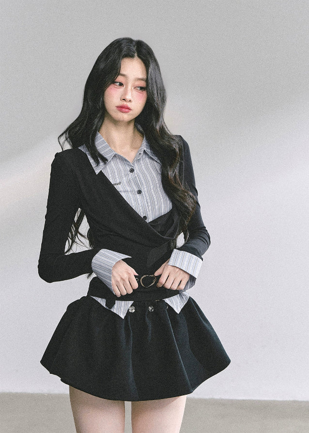 korean preppy top women, fake two piece striped shirt top, seoul fashion long sleeve knit, hot girl study outfit, korean streetwear autumn, slim fit korean fashion top, preppy long sleeve top women, elegant korean chic outfit, korean office girl style, two tone knitwear korea, french preppy fashion women, modern street chic korean look, fall fashion tops korea, slim waist long sleeve shirt, kfashion striped collar knit top