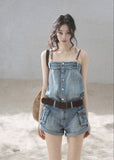Summer denim shorts jumpsuit with front buttons