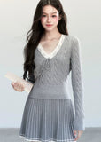 Fragileheart knit skirt set, lace V-neck sweater, pleated mini skirt outfit, luxury Korean fashion, quiet luxury womenswear, pastel noir aesthetic, elegant pre-autumn outfit, grey two-piece knit set, romantic feminine fashion, K-fashion 2025, vintage-inspired knitwear, soft Korean fashion, delicate pleated skirt look, refined knit coordination