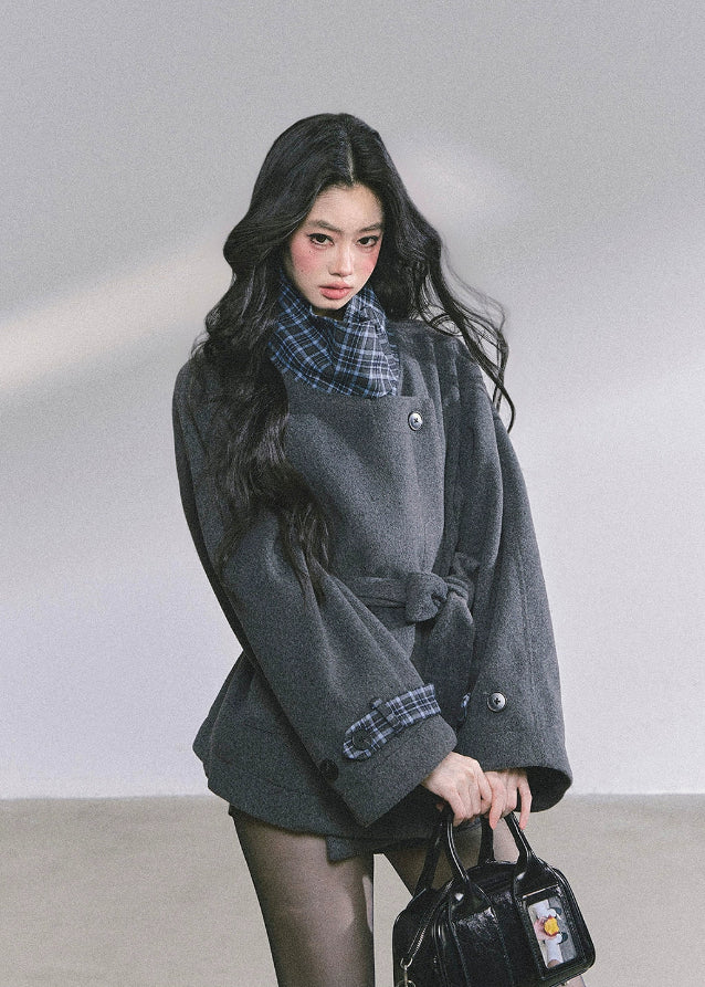 wool belted blazer, plaid collar wool coat, French tweed jacket women, Korean academia jacket, oversized wool top women, fall winter wool blazer, elegant wrap coat women, chic plaid lining jacket, boutique woolen outerwear, Korean fashion blazer, loose slimming wool coat, tweed overcoat women, autumn french style coat, high-end wool jacket women, 2025 fall fashion outerwear