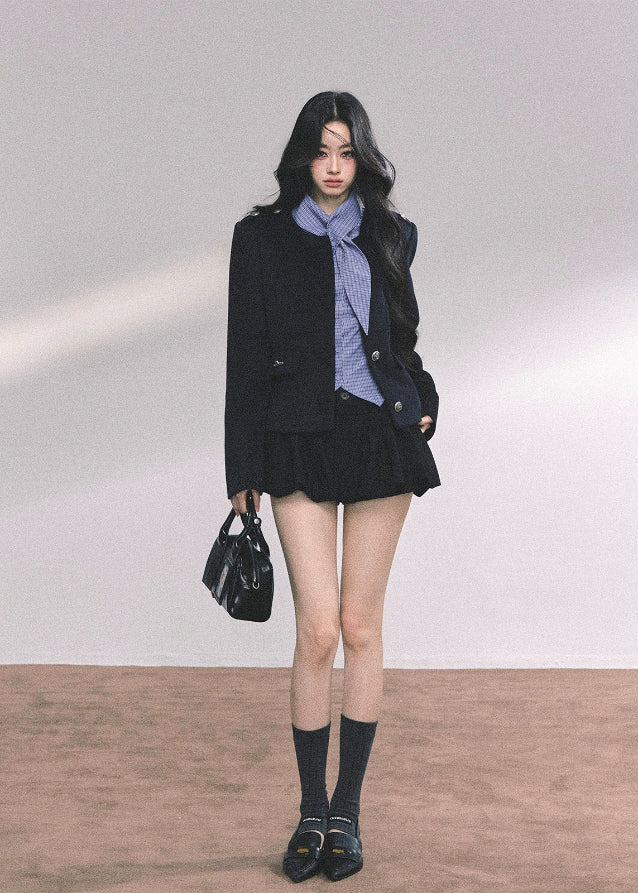 klein blue plaid shirt women, slim fit check blouse, american style plaid top, autumn blue long sleeve shirt, tailored crossover shirt women, fw25 check top, refined plaid blouse, slim plaid shirt, korean fitted check shirt