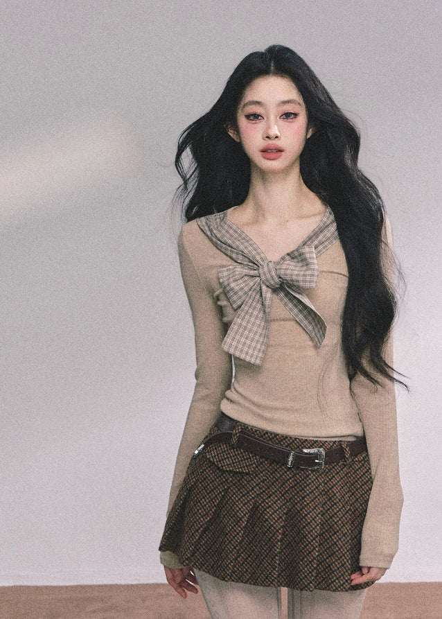 plaid bow knit top, fake two piece top women, preppy style knit shirt, french bow sweater, korean fashion knitwear, autumn slim knit top, check ribbon long sleeve, layered look knit top, cute bow top women, elegant knit blouse, fall winter knit top