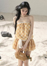 aomalm dress, gingham mini dress, french plaid dress, korean feminine dress, summer mini dress, puffy skirt dress, yellow plaid dress, romantic mini dress, cute korean fashion dress, resort mini dress, feminine summer dress, short plaid dress