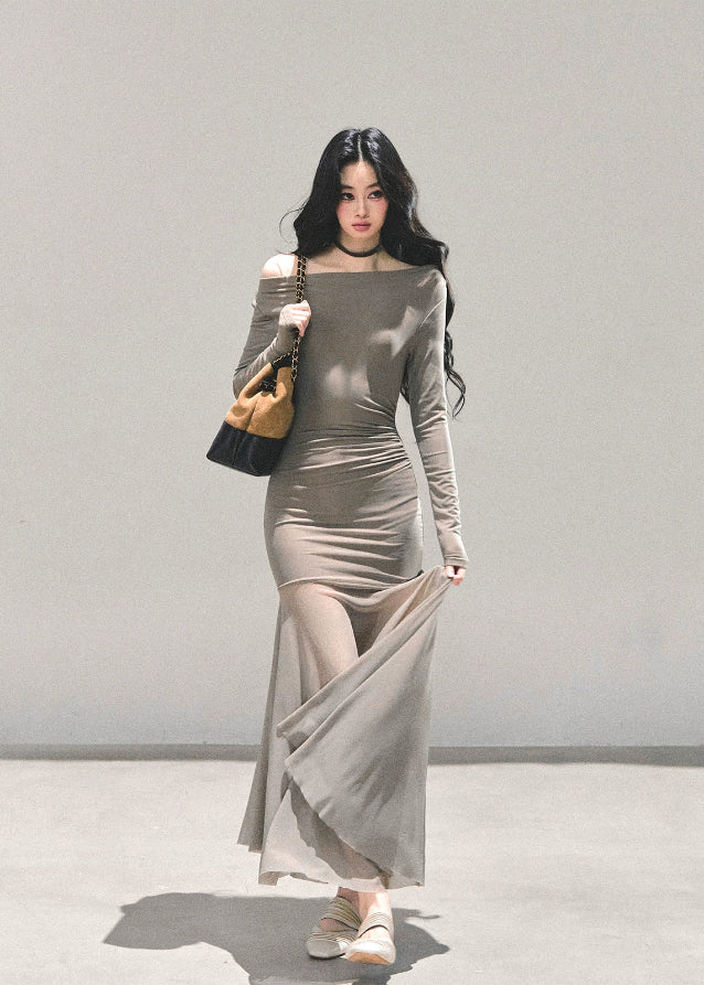 AOMALM dress, slim fit maxi dress, off shoulder long dress, Korean fashion dress, autumn winter dress, ruched bodycon dress, elegant maxi dress, feminine Korean style, cold rich daughter dress, sculpted silhouette dress, long sleeve fitted dress, minimalist chic dress, date night dress, sleek bodycon maxi, women’s contour dress, soft stretch dress, fashion boutique dress, trendy Korean outfits