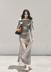 AOMALM dress, slim fit maxi dress, off shoulder long dress, Korean fashion dress, autumn winter dress, ruched bodycon dress, elegant maxi dress, feminine Korean style, cold rich daughter dress, sculpted silhouette dress, long sleeve fitted dress, minimalist chic dress, date night dress, sleek bodycon maxi, women’s contour dress, soft stretch dress, fashion boutique dress, trendy Korean outfits