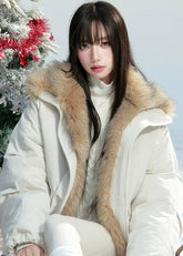 Fragileheart down jacket, fur trim puffer coat, luxury Korean fashion, quiet luxury outerwear, 90 white duck down jacket, eco fur winter coat, pastel noir aesthetic, elegant short puffer, K-fashion 2025, warm feminine outerwear, ivory winter parka, modern Korean fashion, sophisticated down coat, luxury winter womenswear