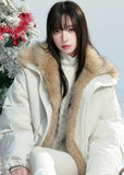 Fragileheart down jacket, fur trim puffer coat, luxury Korean fashion, quiet luxury outerwear, 90 white duck down jacket, eco fur winter coat, pastel noir aesthetic, elegant short puffer, K-fashion 2025, warm feminine outerwear, ivory winter parka, modern Korean fashion, sophisticated down coat, luxury winter womenswear