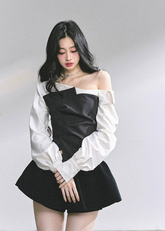 korean two tone blouse, asymmetric off shoulder shirt, french long sleeve top women, korean fashion contrast blouse, slim waist shirt women, korean autumn outfit top, elegant commuter top, kfashion two color blouse, trendy korean streetwear 2025, seoul chic long sleeve, black and white asymmetric top, korean office style top, elegant korean fashion, hepburn style top, contrast panel shirt women