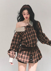 off shoulder plaid shirt, korean style plaid top, autumn winter plaid jacket, asymmetry neckline top, AOMALM plaid shirt women, street style plaid blouse, off shoulder check shirt jacket, korean fashion tops 2025, casual commuter shirt women, oversized plaid top, fall winter layering shirt, trendy checkered blouse womens, soft plaid jacket korean, chic off shoulder outerwear, brown plaid shirt jacket women