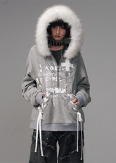faux fur collar hoodie, detachable fur hood sweatshirt, lace-up streetwear hoodie, punk graphic hoodie, distressed print hoodie, winter oversized fleece jacket, edgy asian street style hoodie, grunge lace-up sweatshirt, FRAGILEHEART hoodie, women’s fur trim sweatshirt, urban punk winter top, grey graphic hoodie women, y2k fur hood jacket