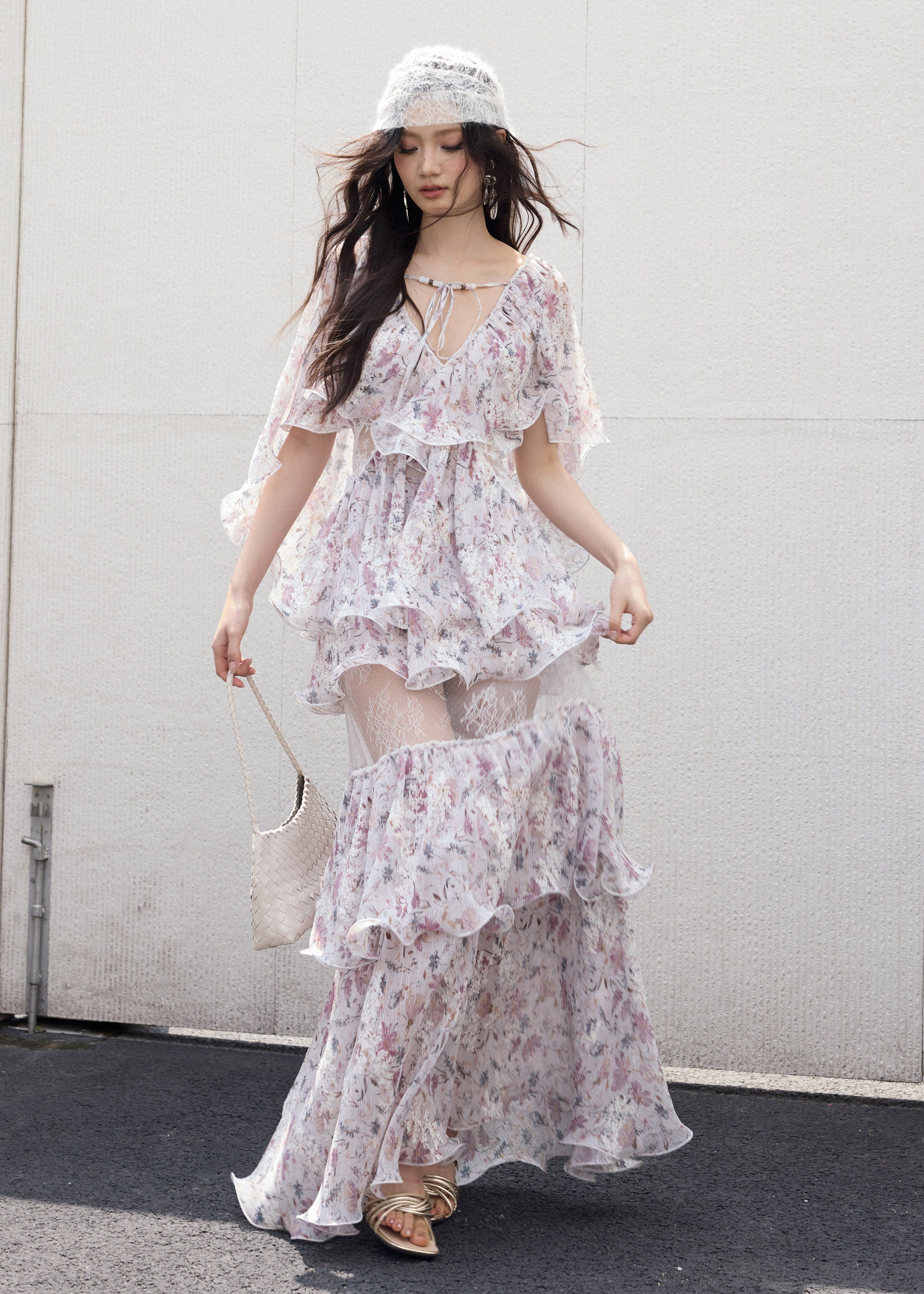 floral two piece set, ruffle maxi skirt set, korean fashion set, romantic floral outfit, vintage floral set, chiffon ruffle top, summer skirt set, feminine two piece outfit, resort wear women, elegant floral maxi set