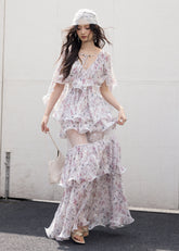 floral two piece set, ruffle maxi skirt set, korean fashion set, romantic floral outfit, vintage floral set, chiffon ruffle top, summer skirt set, feminine two piece outfit, resort wear women, elegant floral maxi set