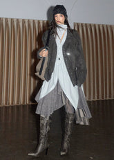 korean cargo jacket women, distressed pu leather jacket, matte faux leather outerwear, nomadic style jacket, jnylon cargo jacket, streetwear utility jacket women, oversized pu jacket, deconstructed jacket women, cargo pocket faux leather coat, grunge korean jacket, urban explorer jacket, drawstring utility outerwear