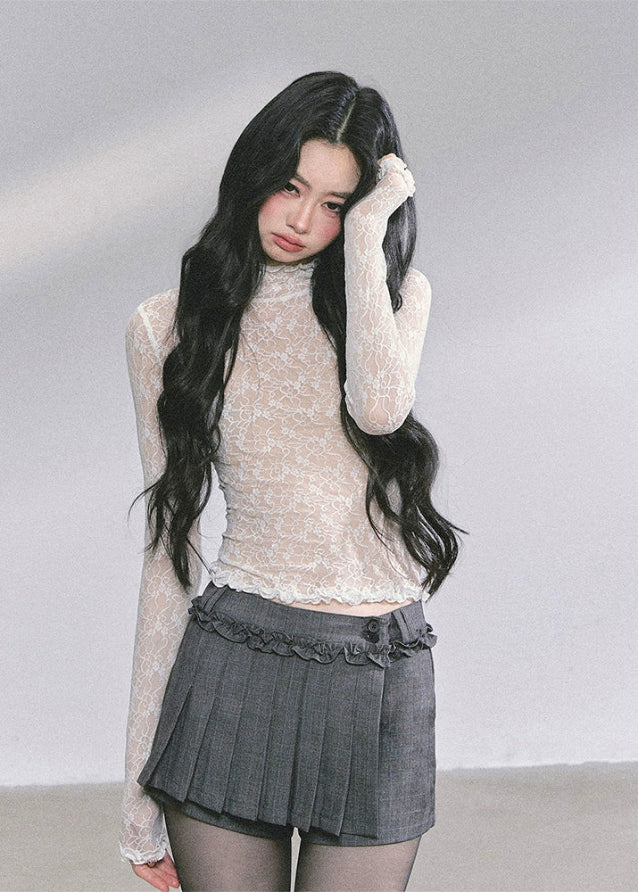 lace high neck top, sheer lace turtleneck, ballet core lace shirt, Korean lace slim top, transparent mesh long sleeve, floral lace blouse women, autumn lace base layer, elegant French lace top, sexy lace see-through shirt, ballet style long sleeve, Korean American fashion top, slim fit lace tee, feminine lace layering top, boutique lace turtleneck