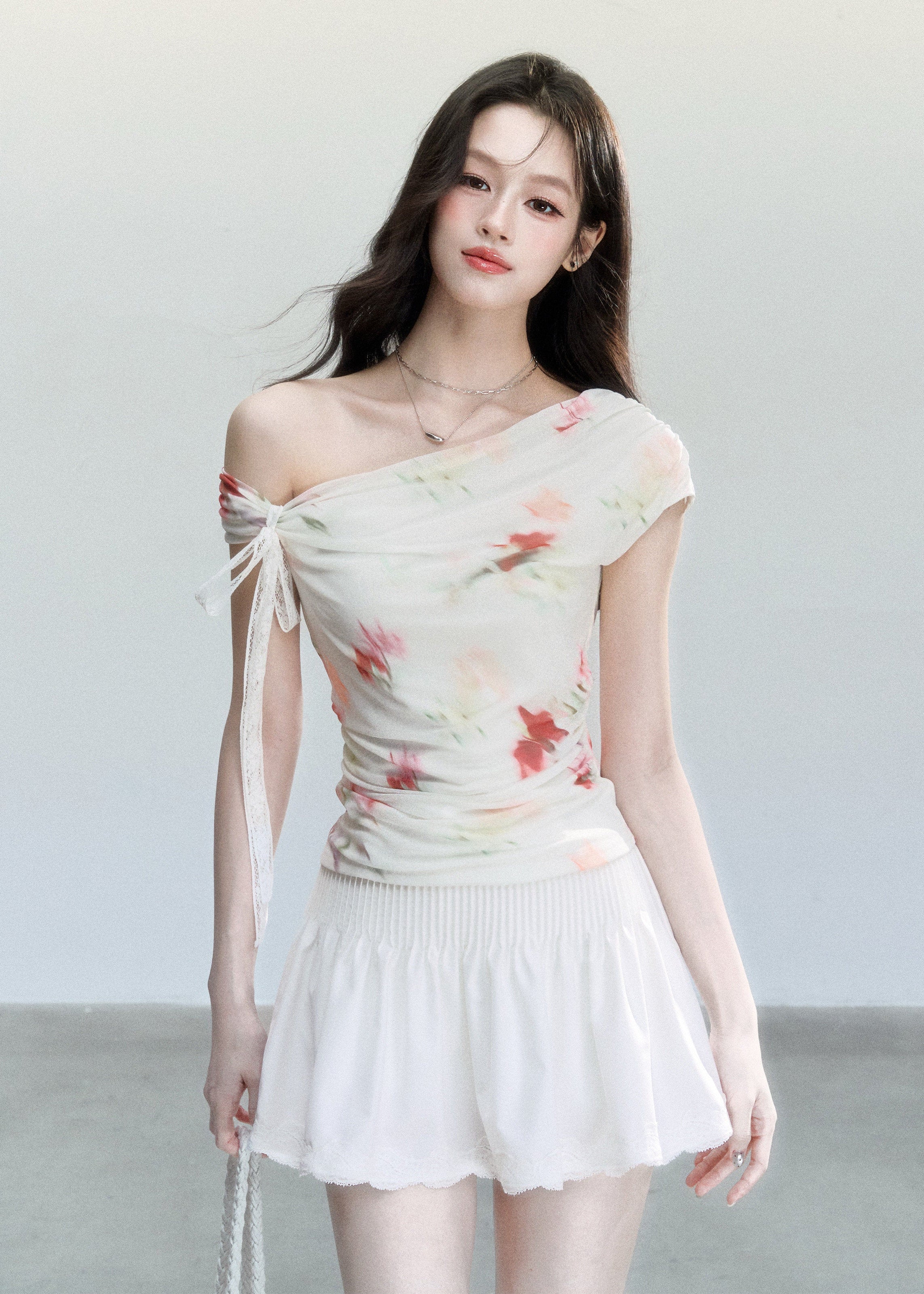 fragileheart set, floral mesh top, cross shoulder top, korean feminine set, summer flower outfit, printed mesh top, mini skirt set, soft girl summer outfit, korean summer fashion, floral two piece set, feminine vacation outfit, romantic mesh top