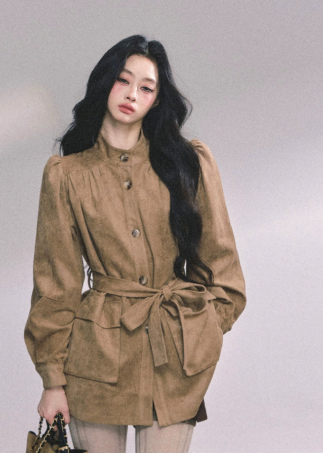 suede jacket women, belted suede coat, stand collar suede top, fall winter suede blazer, korean fashion outerwear, french style jacket, mocha brown jacket, loose suede coat women, trendy suede outfit, soft suede blazer, autumn winter fashion women, korean american street style, chic brown coat women