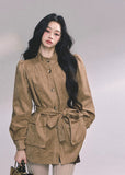 suede jacket women, belted suede coat, stand collar suede top, fall winter suede blazer, korean fashion outerwear, french style jacket, mocha brown jacket, loose suede coat women, trendy suede outfit, soft suede blazer, autumn winter fashion women, korean american street style, chic brown coat women