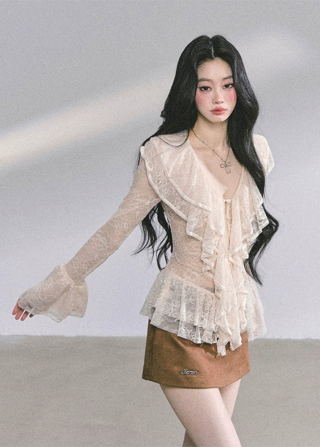 lace ruffle blouse, sheer lace long sleeve top, pure desire korean top, french romantic ruffle shirt, autumn lace blouse women, sexy cut out lace top, korean american fashion top, cream lace frill top, elegant lace t-shirt, soft girly lace outfit