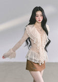 lace ruffle blouse, sheer lace long sleeve top, pure desire korean top, french romantic ruffle shirt, autumn lace blouse women, sexy cut out lace top, korean american fashion top, cream lace frill top, elegant lace t-shirt, soft girly lace outfit