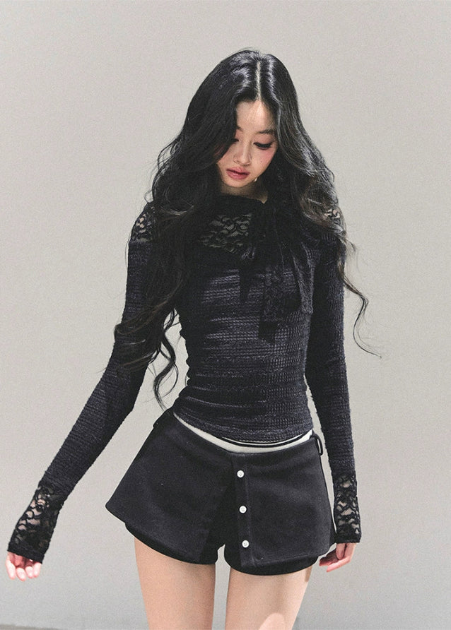 french lace bow top, black white lace shirt women, slim fit base shirt, long sleeve lace tee, autumn french style top, ribbon lace blouse, korean slim knit top, elegant lace t-shirt women, fw25 lace top, soft girl frenchcore