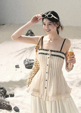 aomalm top, pleated cami top, seafoam summer top, korean fashion top, feminine summer blouse, contrast trim cami, peplum summer top, french style top women, slim fit cami top, elegant casual top, summer date outfit top, soft girl summer top