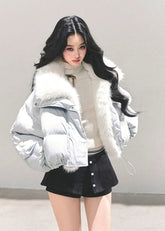 AOMALM down jacket, Korean winter jacket women, cropped fur hood jacket, white duck down coat, soft girl winter outfit, blue cropped puff jacket, warm thick down coat, Korean fashion 2025 winter, feminine winter jacket, plush collar down coat