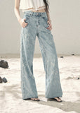 Light blue floral wide-leg jeans with sparkling embellishments