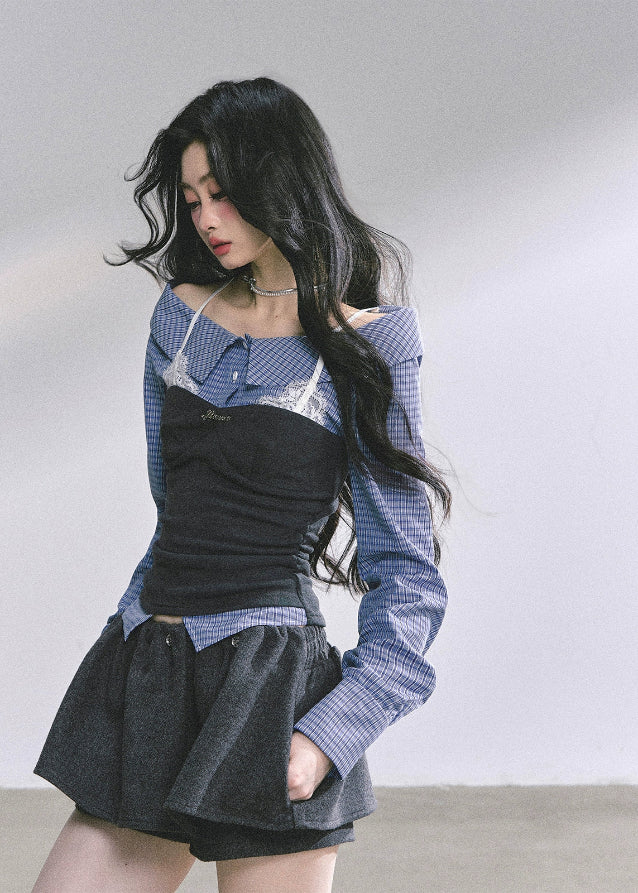 korean plaid lace top, fake two piece long sleeve shirt women, seoul preppy style top, korean fashion lace blouse, korean streetwear outfit women, hot girl korean fall top, korean university girl outfit, elegant plaid layered shirt, modern korean chic fashion, lace detail korean blouse, autumn preppy korean top, korean plaid shirt outfit, french korean style fashion, checkered long sleeve lace top, stylish korean office wear women