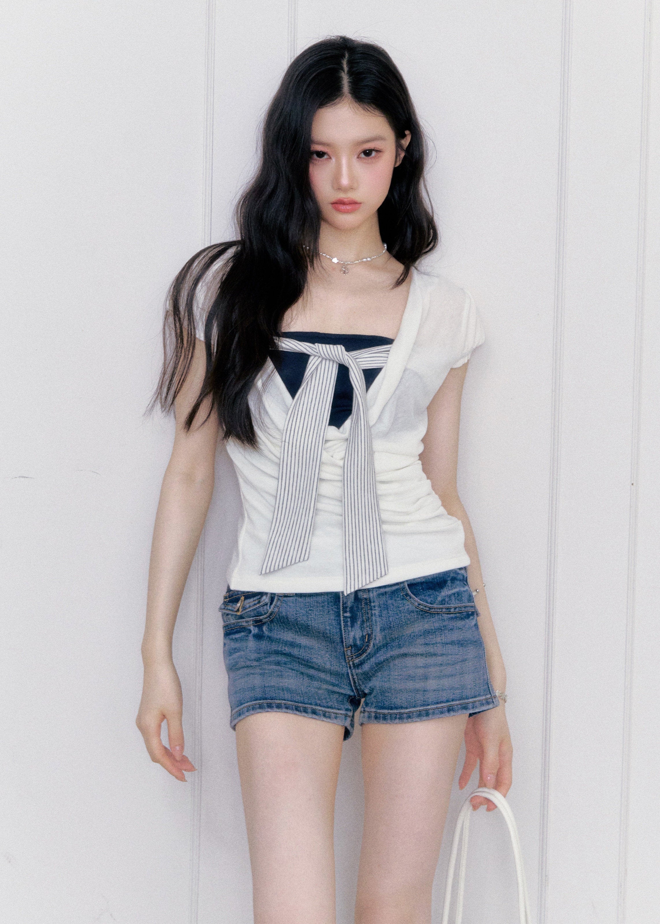 fragileheart top, korean summer top, color block top, layered summer top, strapless inner top, feminine korean fashion, preppy fitted top, contrast layered tee, cute summer top, soft girl korean outfit, ribbon detail top, stylish casual top