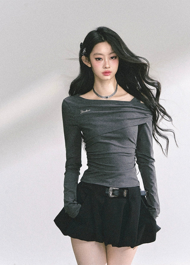 korean off shoulder long sleeve, korean hot girl top women, minimalist korean streetwear top, off shoulder drape knit top, korean fall fashion slim top, seoul style off shoulder shirt, korean aesthetic blouse women, korean sexy minimalist top, chic korean long sleeve shirt, korean modern street outfit, off shoulder hot girl korean fashion, korean autumn fitted top, french chic off shoulder design, korean straight shoulder long sleeve, kfashion minimalist fall top