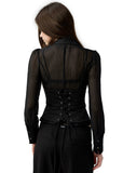 black ruffle shirt set, corset vest two-piece top, 4muggle stylish outfit, urban chic black shirt, slim waist corset top, modern edgy girl style, layered black top set, ruffle neckline shirt, fashion streetwear set, city girl stylish outfit, slimming corset shirt, trendy black two-piece, editorial street fashion, dark chic women’s top