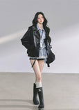 PU leather jacket, oversized moto jacket, black faux leather coat, Korean streetwear jacket, biker style jacket women, edgy autumn jacket, moto blouson top, trendy PU outerwear, hot girl street style, loose fit leather jacket, cool girl aesthetic jacket, Korean American fashion, fall leather jacket women, stylish biker coat, oversized motorcycle jacket
