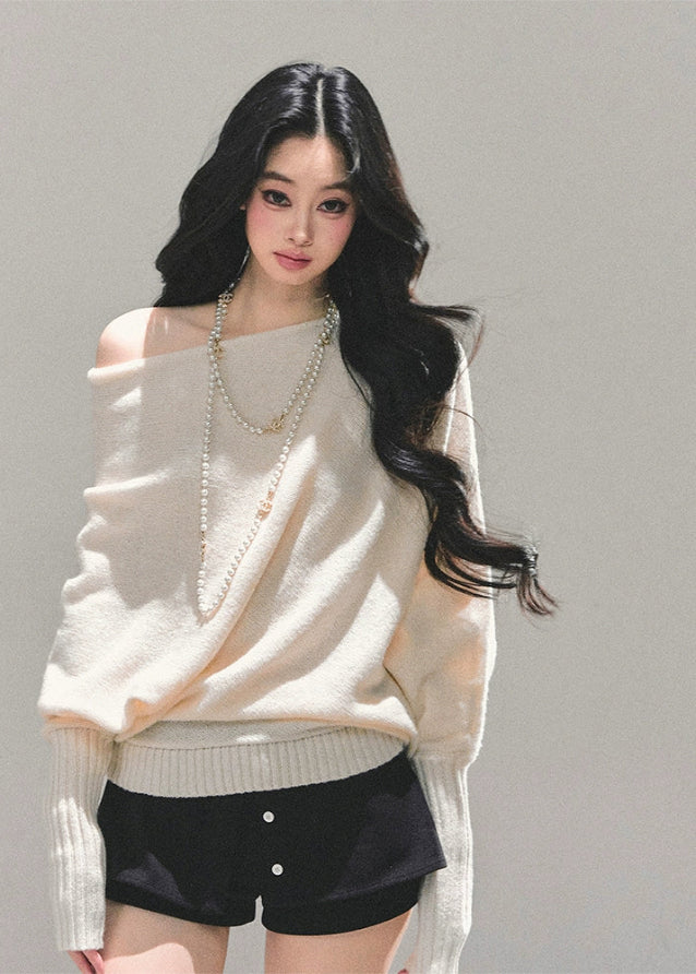 off shoulder knit sweater women, soft knit pullover, pastel slanted shoulder top, autumn oversize knit, gentle style sweater, korean soft knit top, blush knit sweater, fw25 knitwear