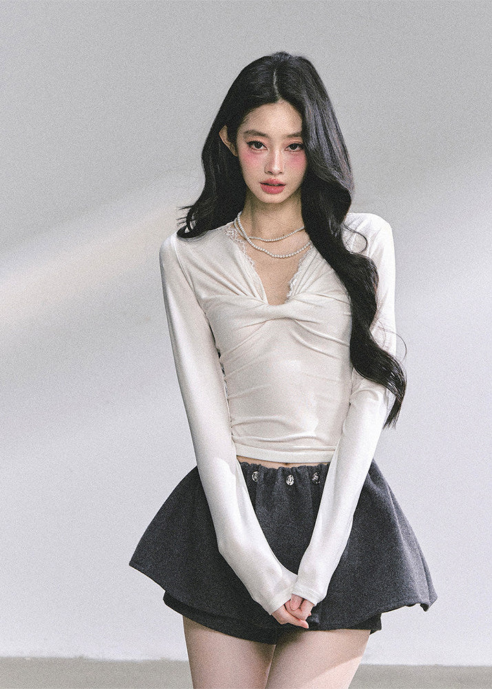 AOMALM lace top, long sleeve V-neck top women, slimming lace T-shirt, Korean feminine top, hot girl long sleeve top, autumn slim fit top, lace detail shirt women, soft stretch long sleeve, elegant V-neck top, Korean aesthetic clothing, fitted women’s top, lightweight fall top, feminine lace blouse, layering long sleeve top