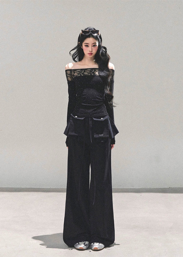 off shoulder lace top women, polka dot mesh shirt, autumn winter lace blouse, sheer neckline long sleeve top, korean off shoulder lace tee, hot girl winter top, fw25 lace mesh shirt, black white lace top women, elegant off shoulder blouse