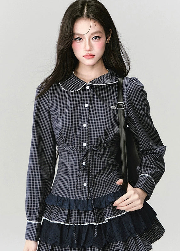 Fragileheart lace set, gingham blouse skirt, luxury Korean fashion, elegant two-piece outfit, soft preppy K-fashion, 2025 fall collection, quiet luxury style, pastel noir aesthetic, romantic layered skirt, modern feminine fashion, luxury womenswear, Korean academic outfit, chic lace two-piece dress, graceful preppy look, soft vintage fashion