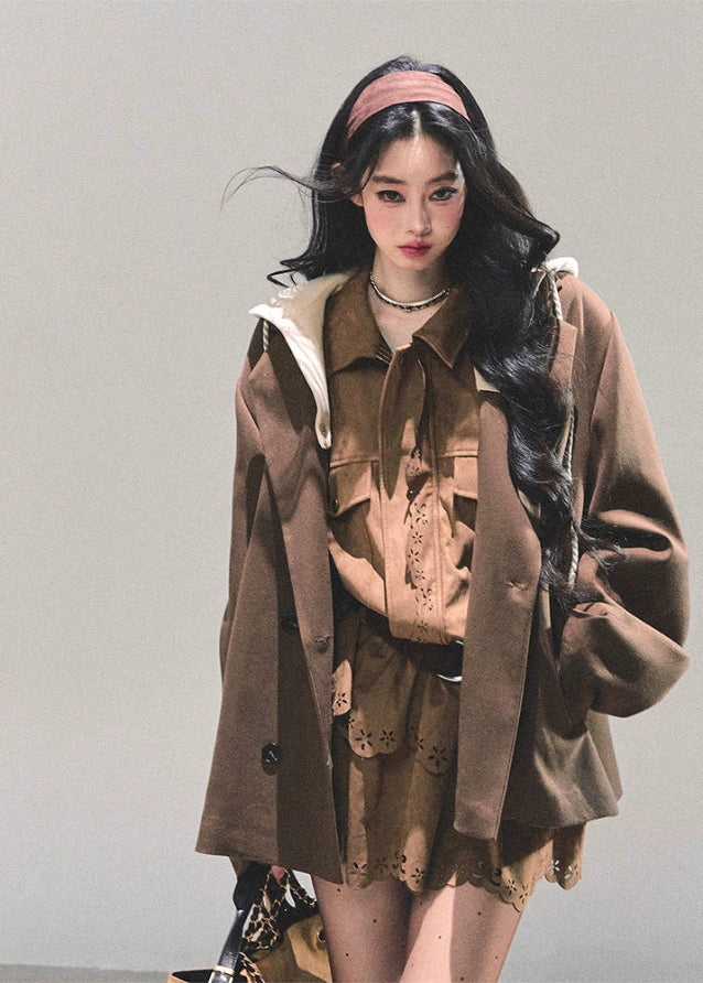 suede shirt dress women, faux two piece dress, brown cowhide dress, lace hem mini dress, autumn winter shirt dress, american suede style dress, browncore skirt dress, fw25 suede outfit, rustic suede mini dress, cutwork lace dress women